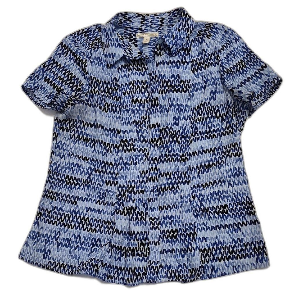 Dana Buchman Blue & Black Geometric Print Blouse Women's Size S Career Casual